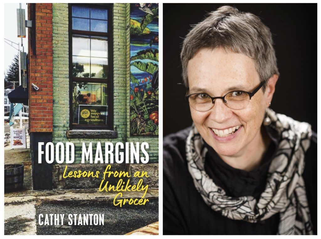 A book cover for "Food Margins: Lessons from an Unlikely Grocer"; a picture of a smiling woman
